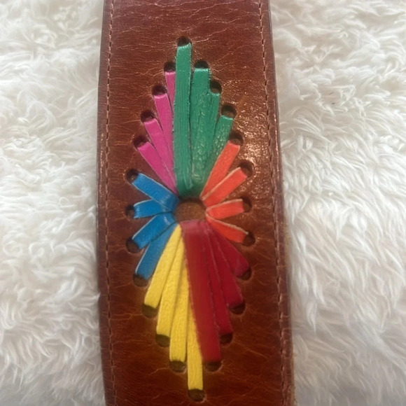 Vintage Women’s Brown Leather Belt Sz L Made USA Hankton 337 Colorful Starbursts - Picture 3 of 16